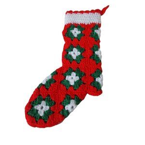 Vintage Granny Square Hand Made‎ Crochet Christmas Stocking Red Green White